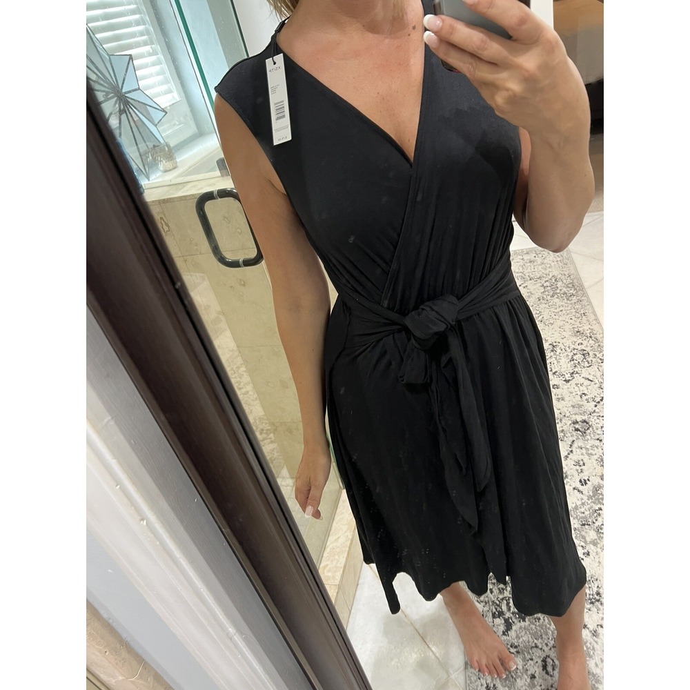 T Tahari Dress Womens XS Black Midi Tulip Hem V Neck Sleeveless Casual Knit Nwt